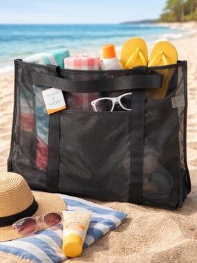 NWT Shade & Shore Black Mesh Beach Tote Bag | Large Reusable Bag